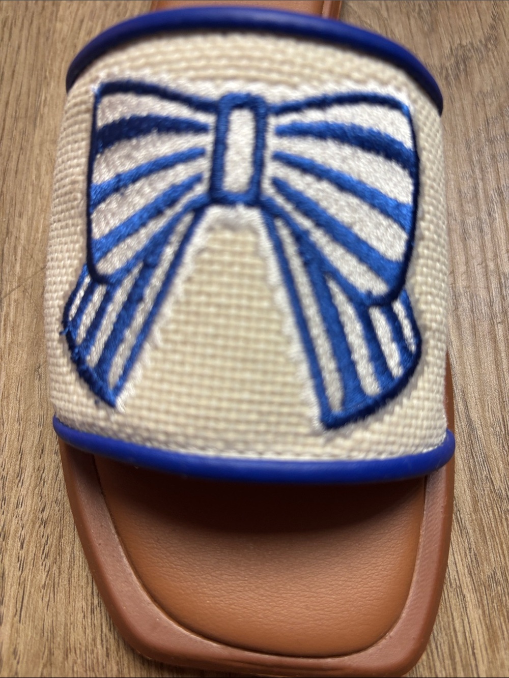 Cream Slide Sandal with Blue Bow Embroidery
